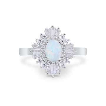 Art Deco Vintage Oval Halo Wedding Ring Lab Created White Opal 925 Sterling Silver
